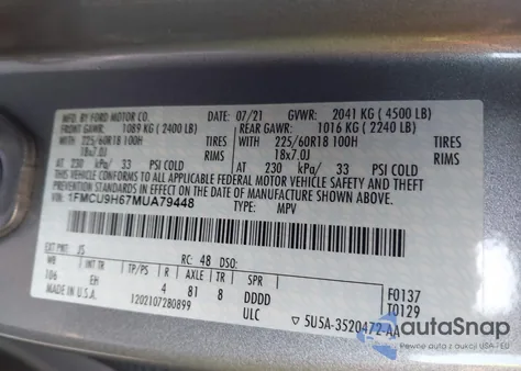 2021 Ford Escape Sel из США, поврежденный, VIN 1FMCU9H67MUA79448